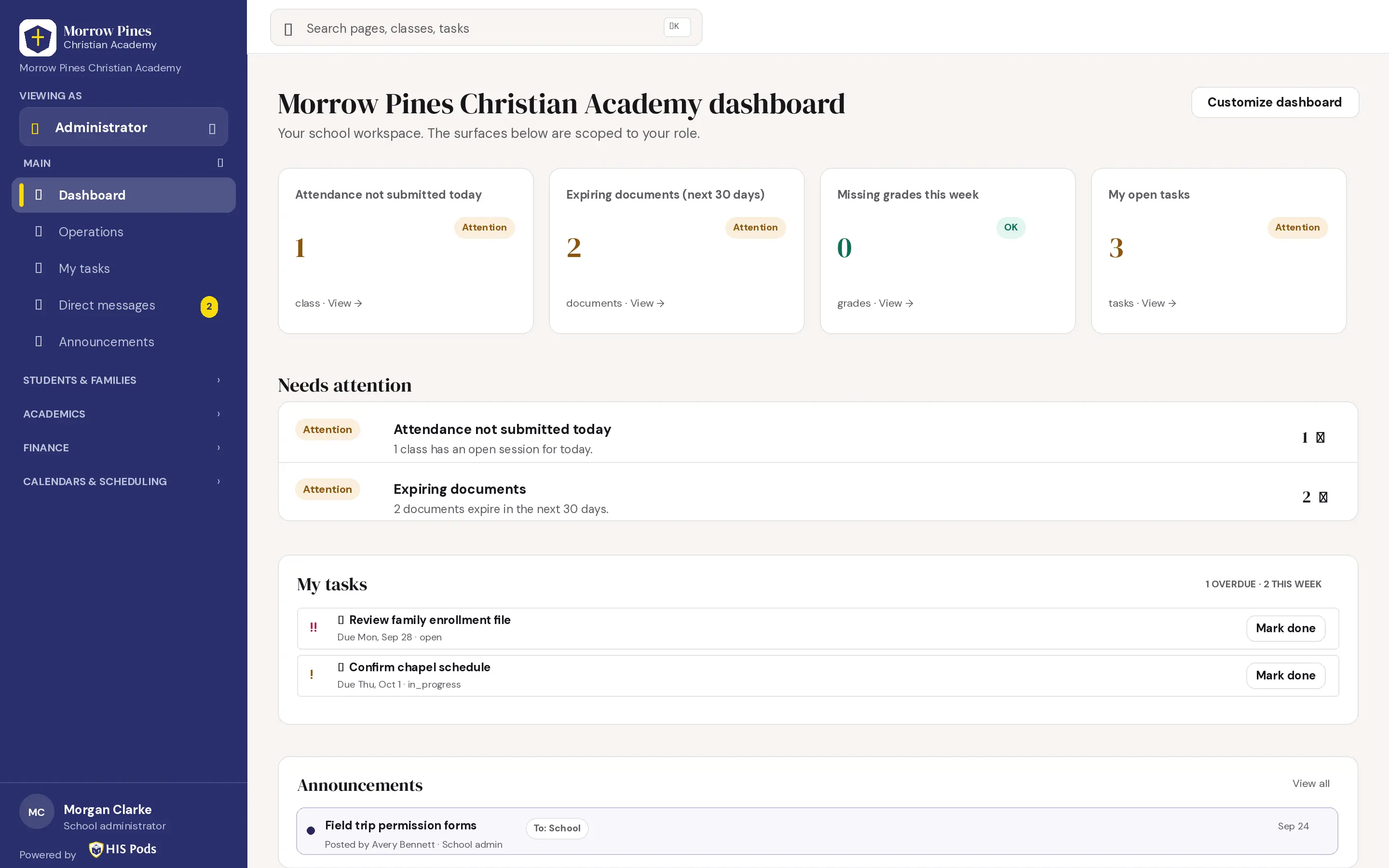 Administrator dashboard with sample school data