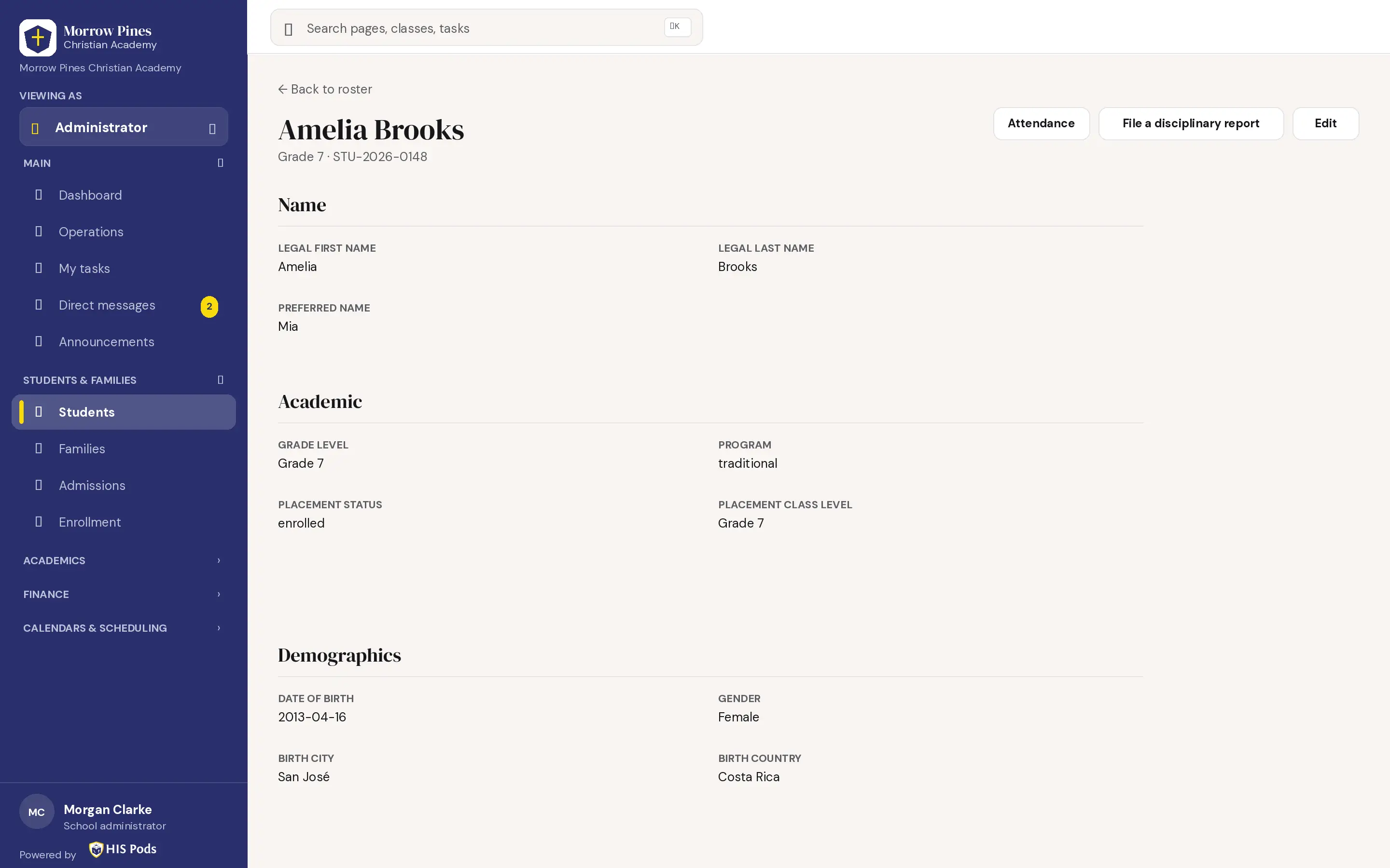 Student profile with sample data