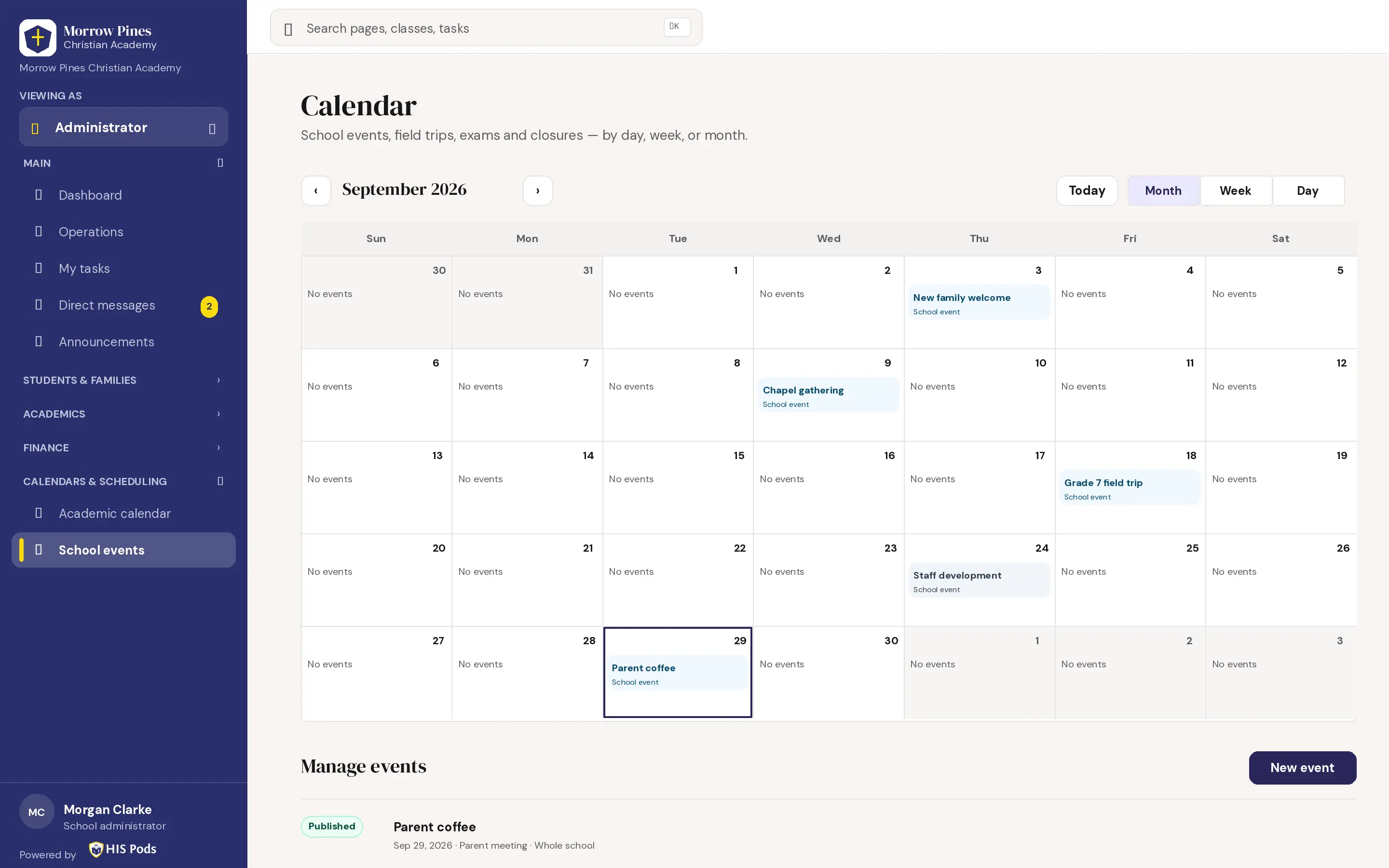School events calendar