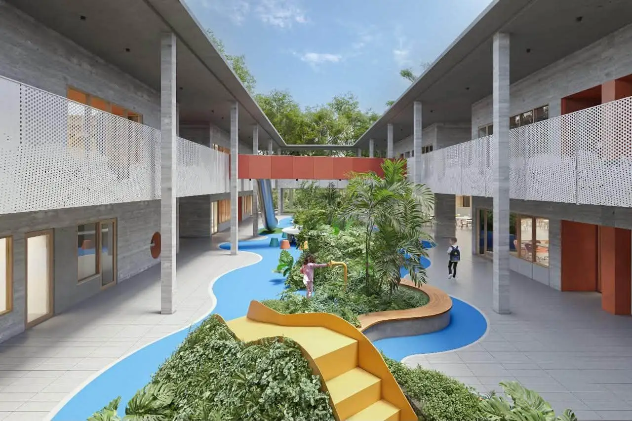 Architectural rendering of an open school courtyard